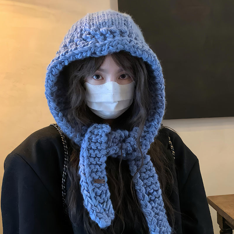 蓝色针织巴拉克拉法帽女秋冬季保暖大头围毛线帽子围脖一体雷锋帽 