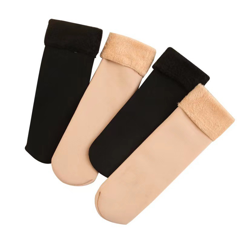 Snow socks, women's fleece thickened winter flesh-colored bare-leg mid-calf socks, skin-colored black fleece socks, warm socks Item Picture