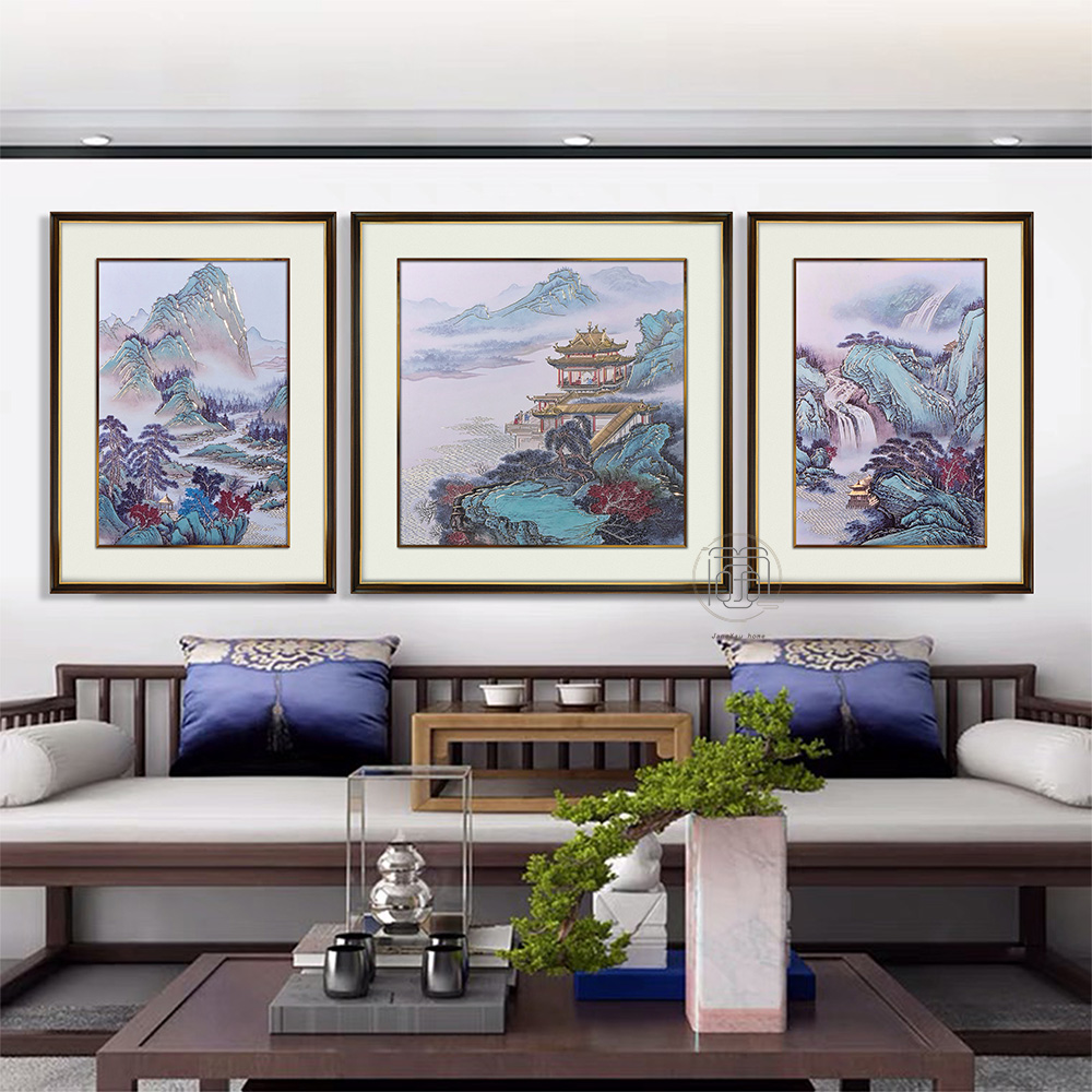 展新 铜雕画 新中式铜板手工雕刻工艺 客厅 沙发背景墙 办公会所装饰画 三联套山水