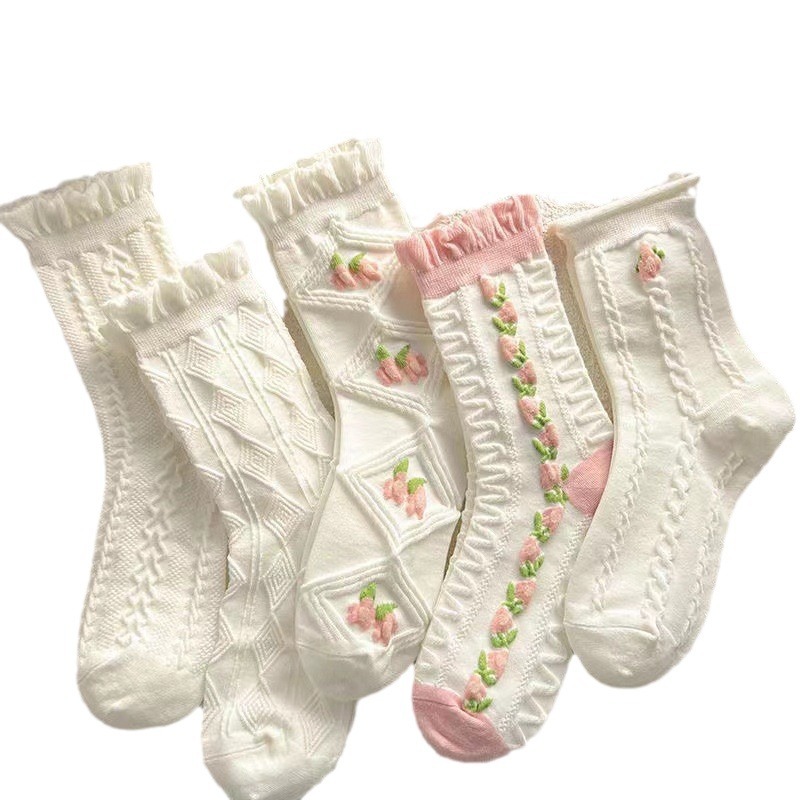 Autumn and winter new mid-calf Japanese-style solid color versatile women's polyester-cotton socks with bubble mouth lace princess style long calf socks Item Picture