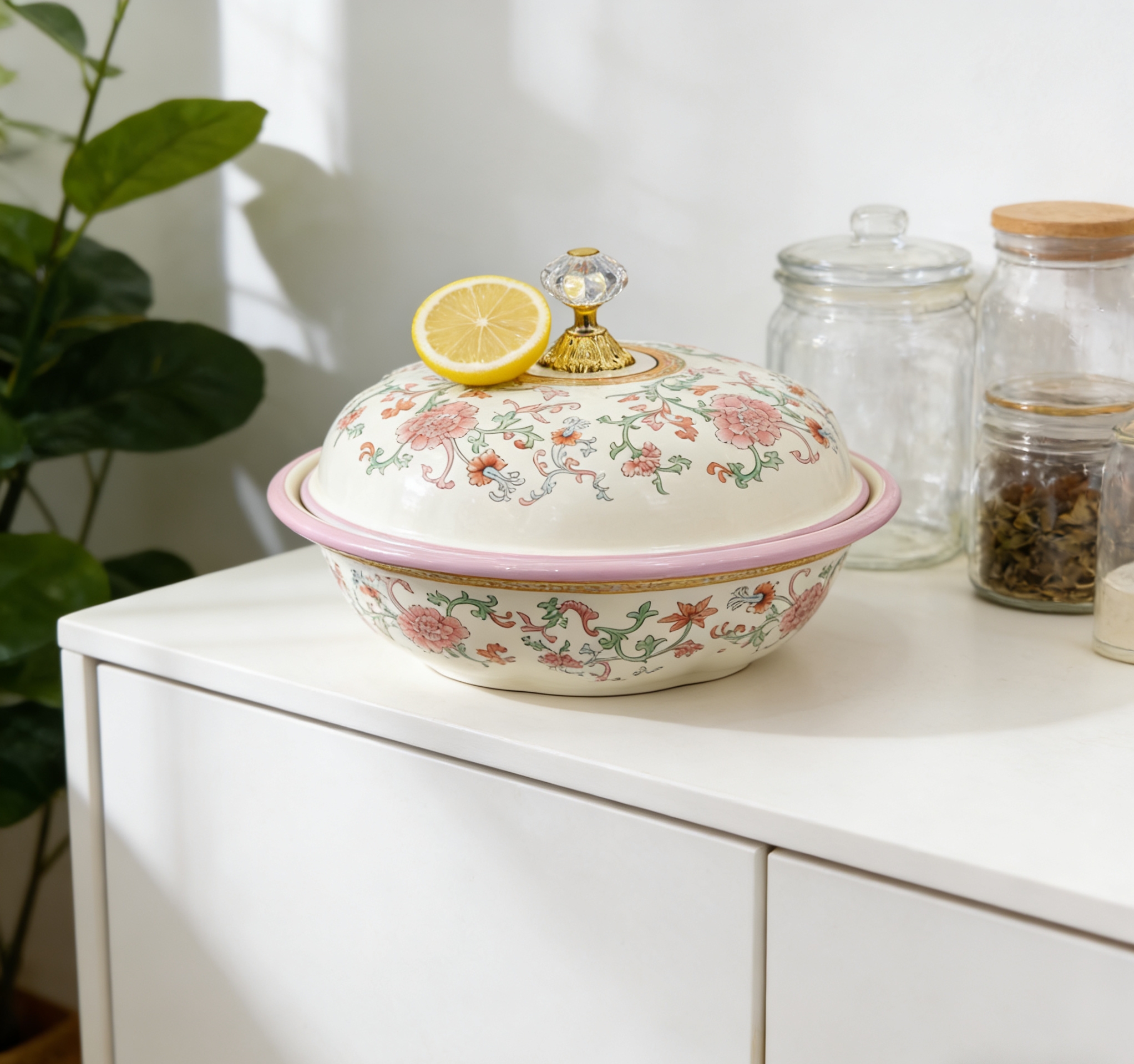 Enamel-colored ceramic basin with lid, Chinese-style patterned household soup basin, empty basin, Chinese enamel-colored ceramic edible basin, household soup basin with lid Specification image