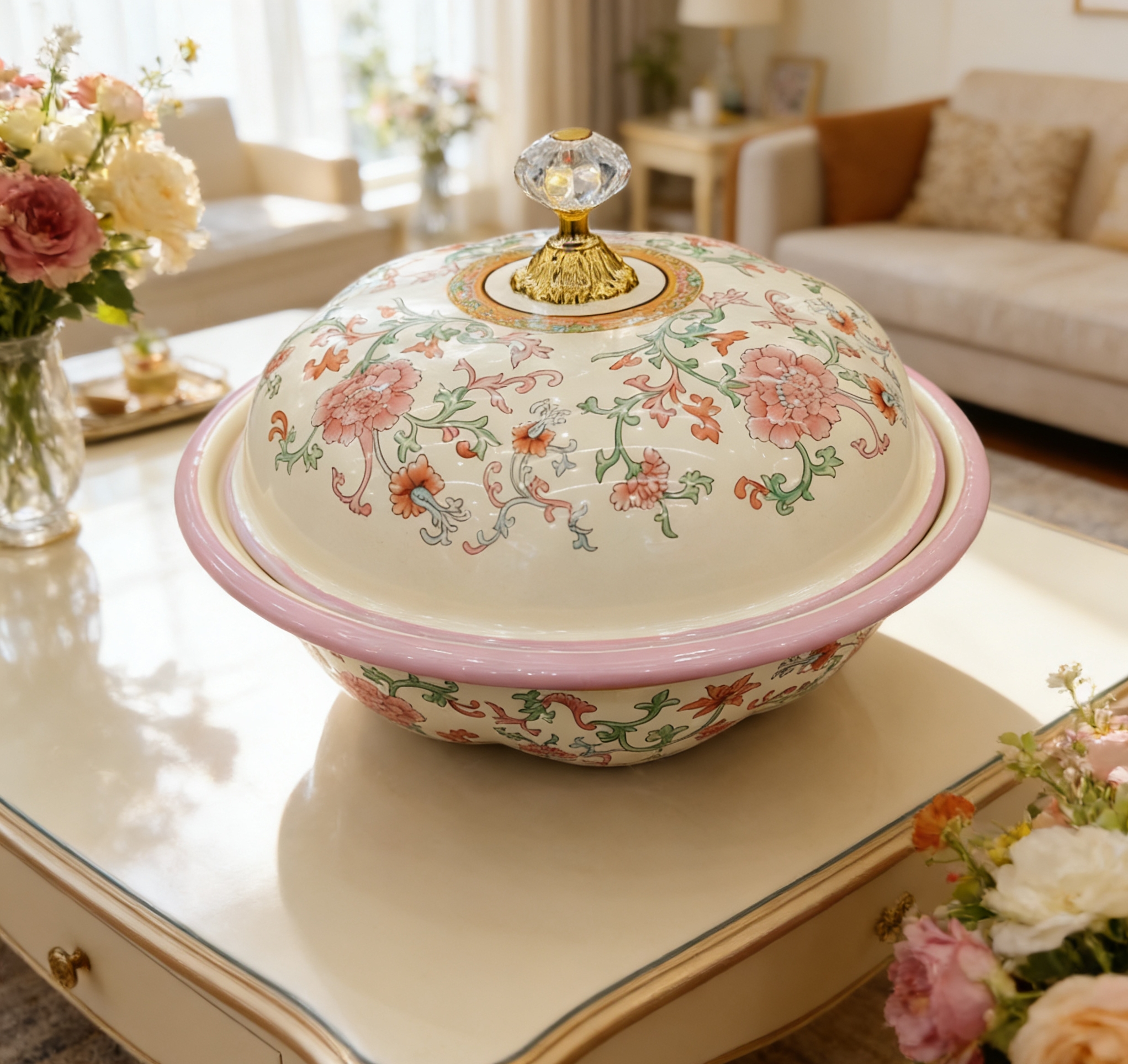 Enamel-colored ceramic basin with lid, Chinese-style patterned household soup basin, empty basin, Chinese enamel-colored ceramic edible basin, household soup basin with lid details Picture