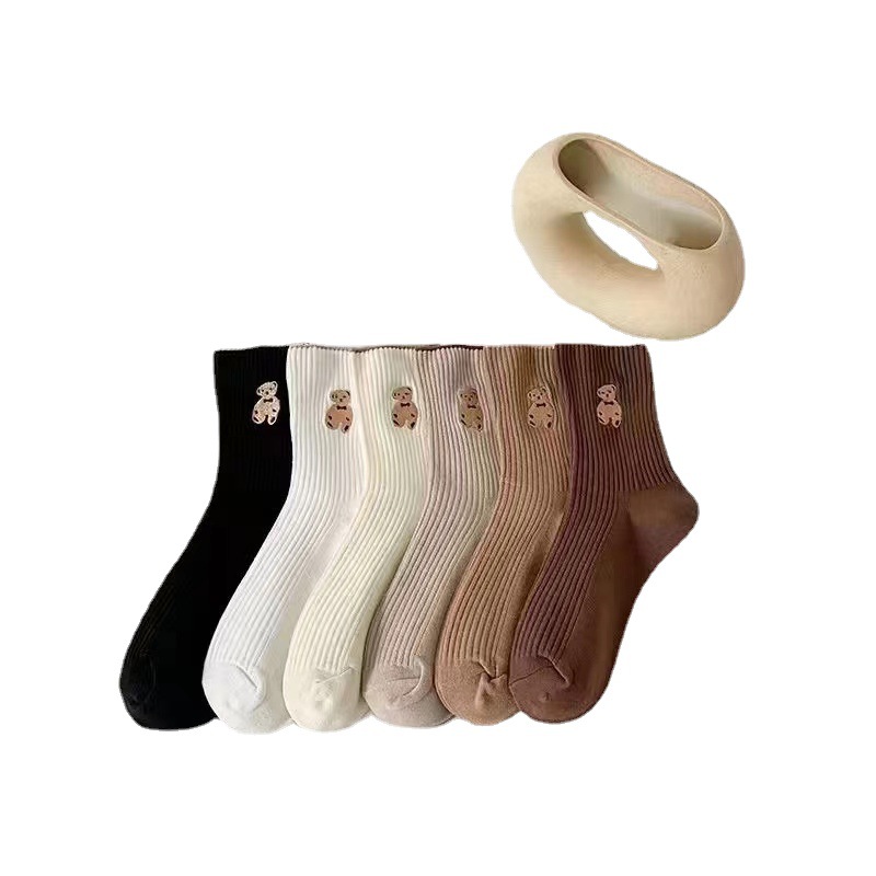 Little Bear socks for girls, mid-calf Korean version, cute cartoon teddy bear socks for students, high-top long socks for spring, autumn and winter Item Picture