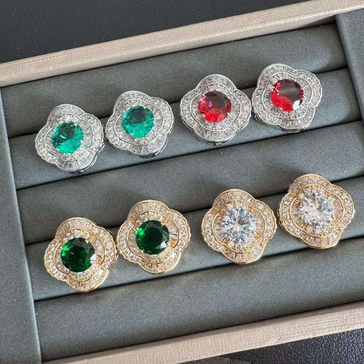 Fashionable, light luxury, grand and dynamic, slightly inlaid light luxury zircon stud earrings, colorful and layered design sense, four-leaf clover zircon earrings detail image 6