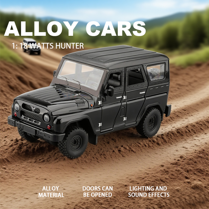 1:18 Watts Hunter alloy car model, Rebound sound and light toy, off-road car, Jeep simulation ornament, gift details Picture