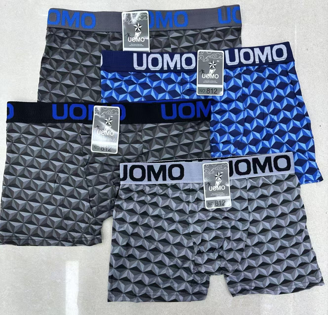 812# Men's underwear for export in stock, printed with letter edges, mixed color, comfortable flat-angle pants, customizable pattern, comfortable milk silk Qni Application Scenario