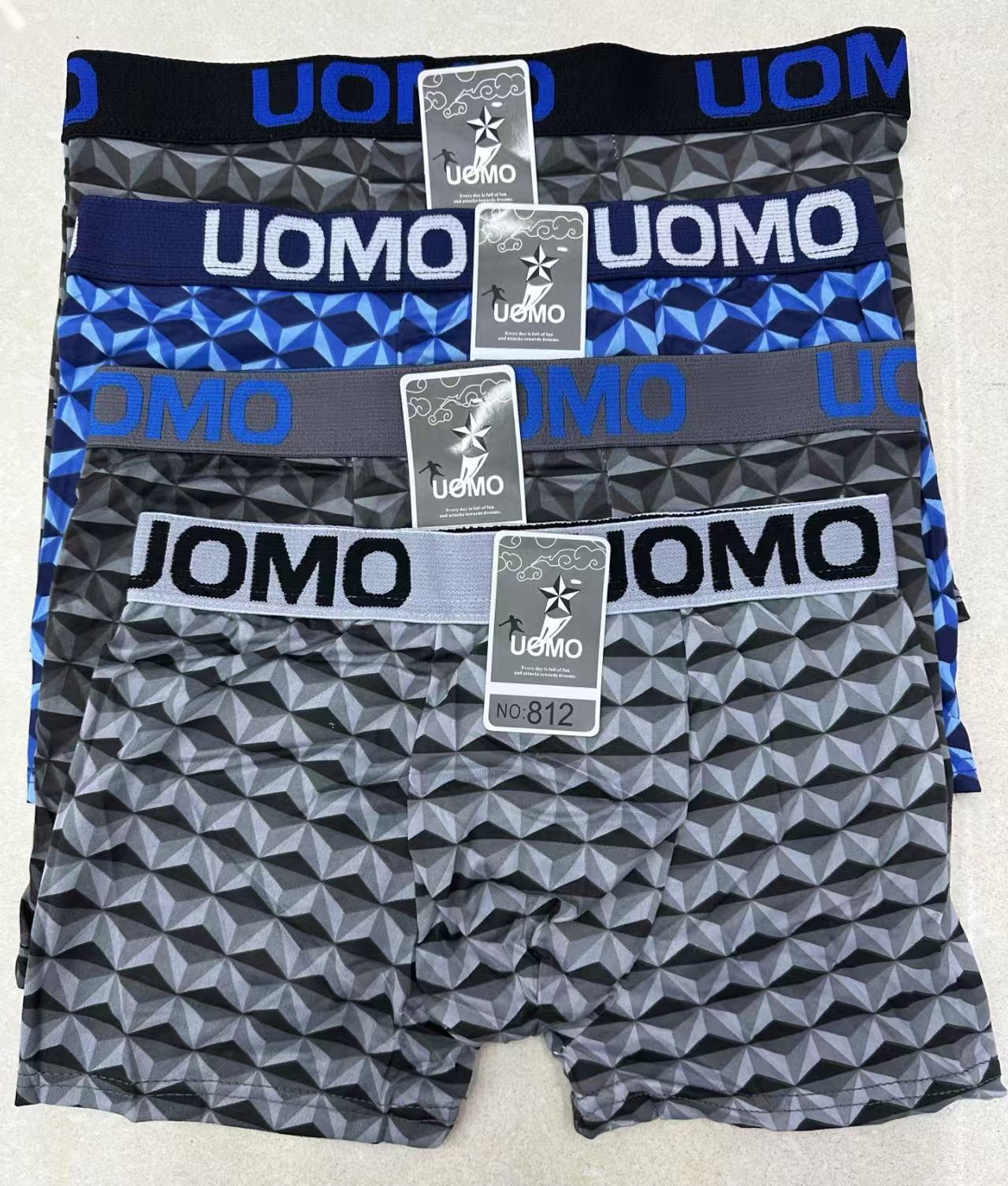 812# Men's underwear for export in stock, printed with letter edges, mixed color, comfortable flat-angle pants, customizable pattern, comfortable milk silk Qni full figure