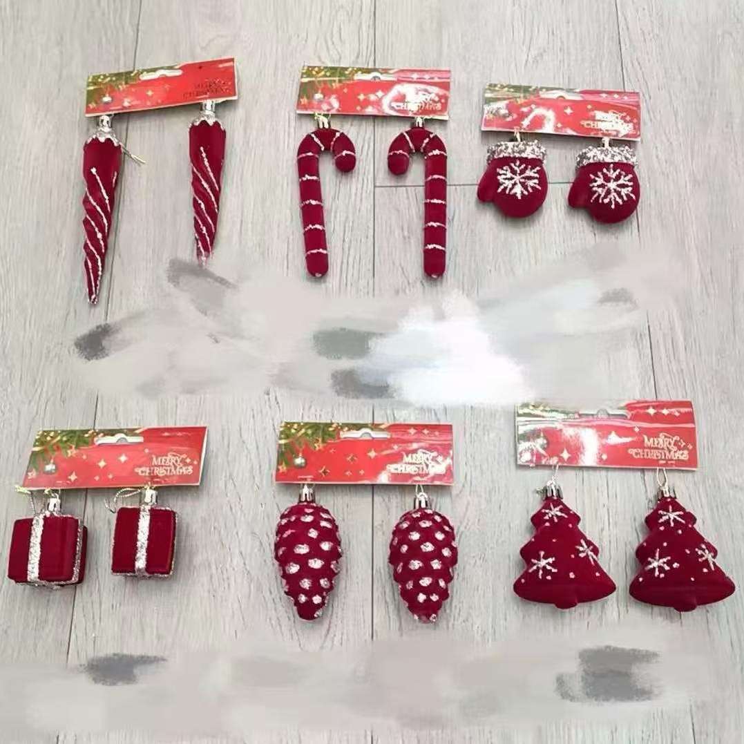 跨境新品红色植绒彩绘铃铛蝴蝶结拐杖挂件圣诞树装饰挂饰场景布置产品图