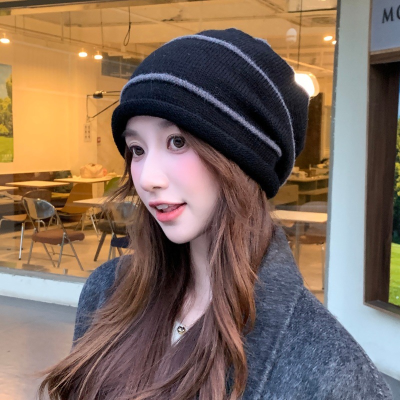 The new Korean version of the striped Dui Dui hat, warm woolen hat, versatile ear-protecting knitted cycling cold-proof pullover hat details Picture