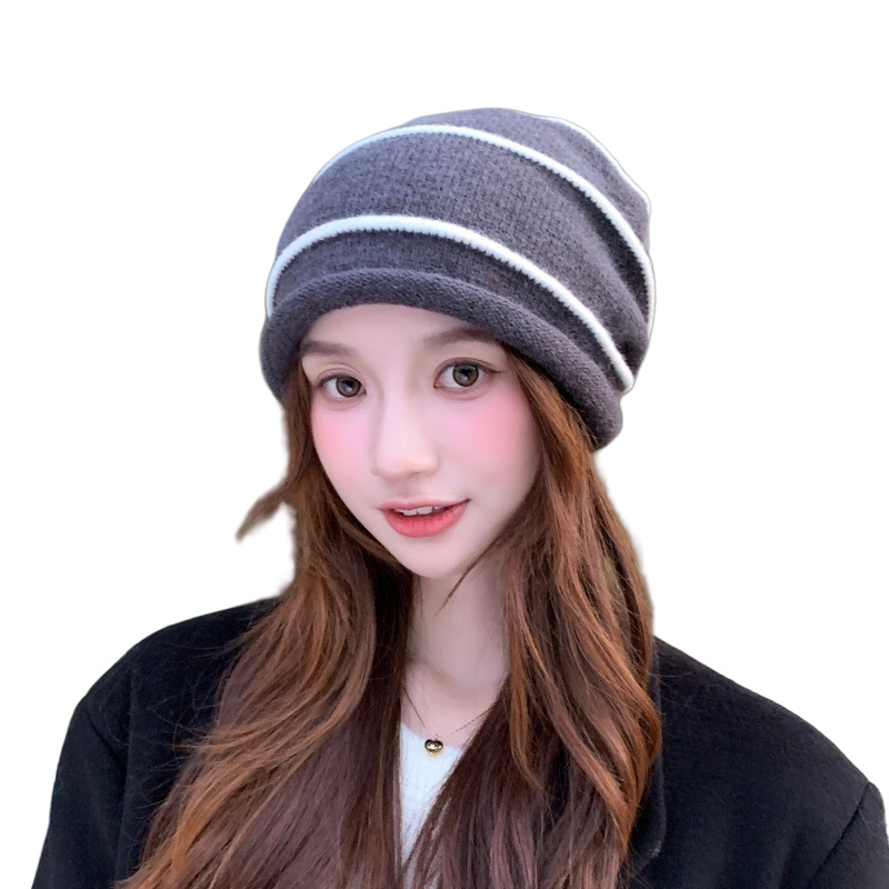 The new Korean version of the striped Dui Dui hat, warm woolen hat, versatile ear-protecting knitted cycling cold-proof pullover hat Specification image