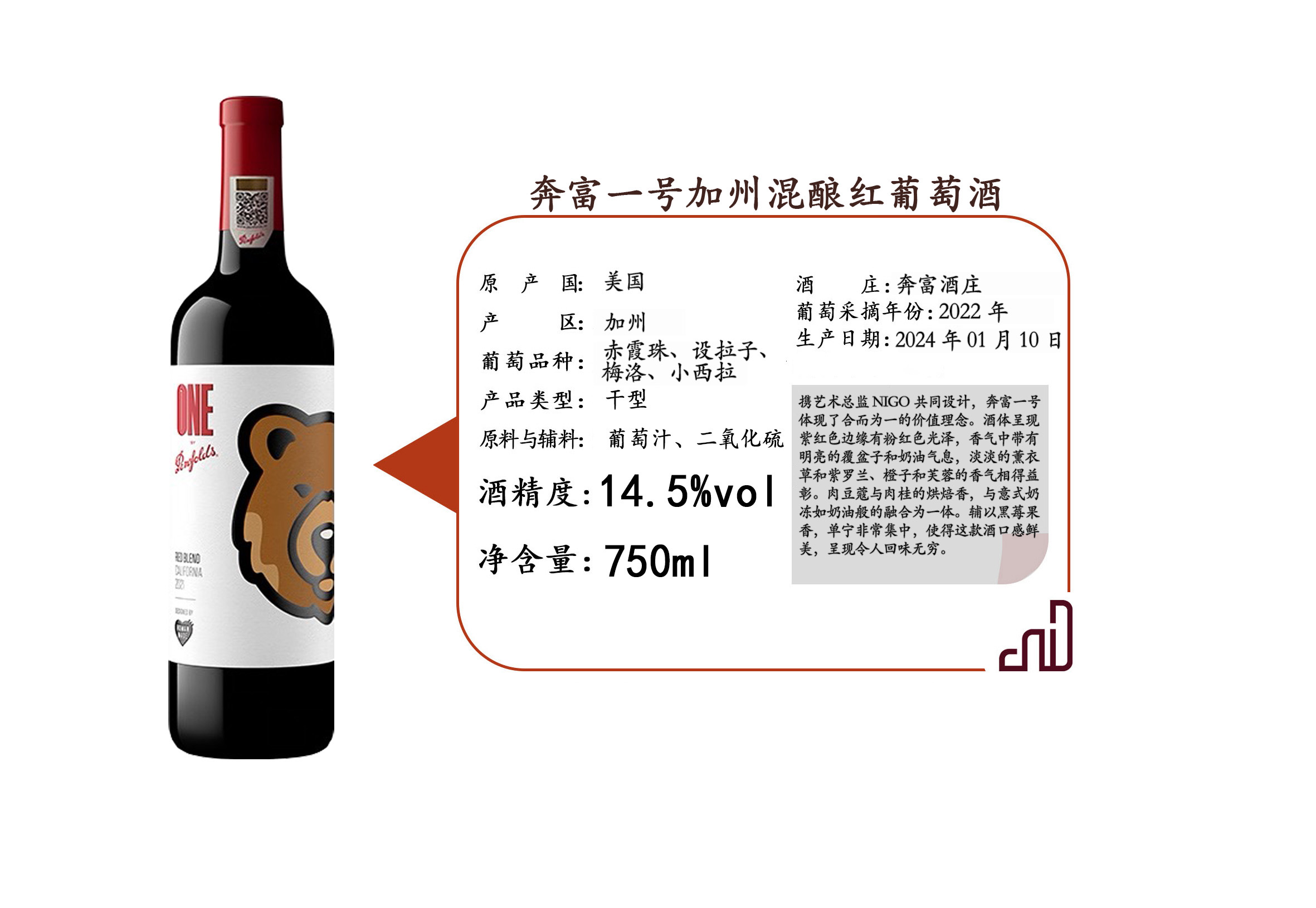 奔富一号加州混酿红葡萄酒