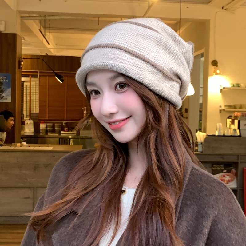 The new Korean version of the striped Dui Dui hat, warm woolen hat, versatile ear-protecting knitted cycling cold-proof pullover hat