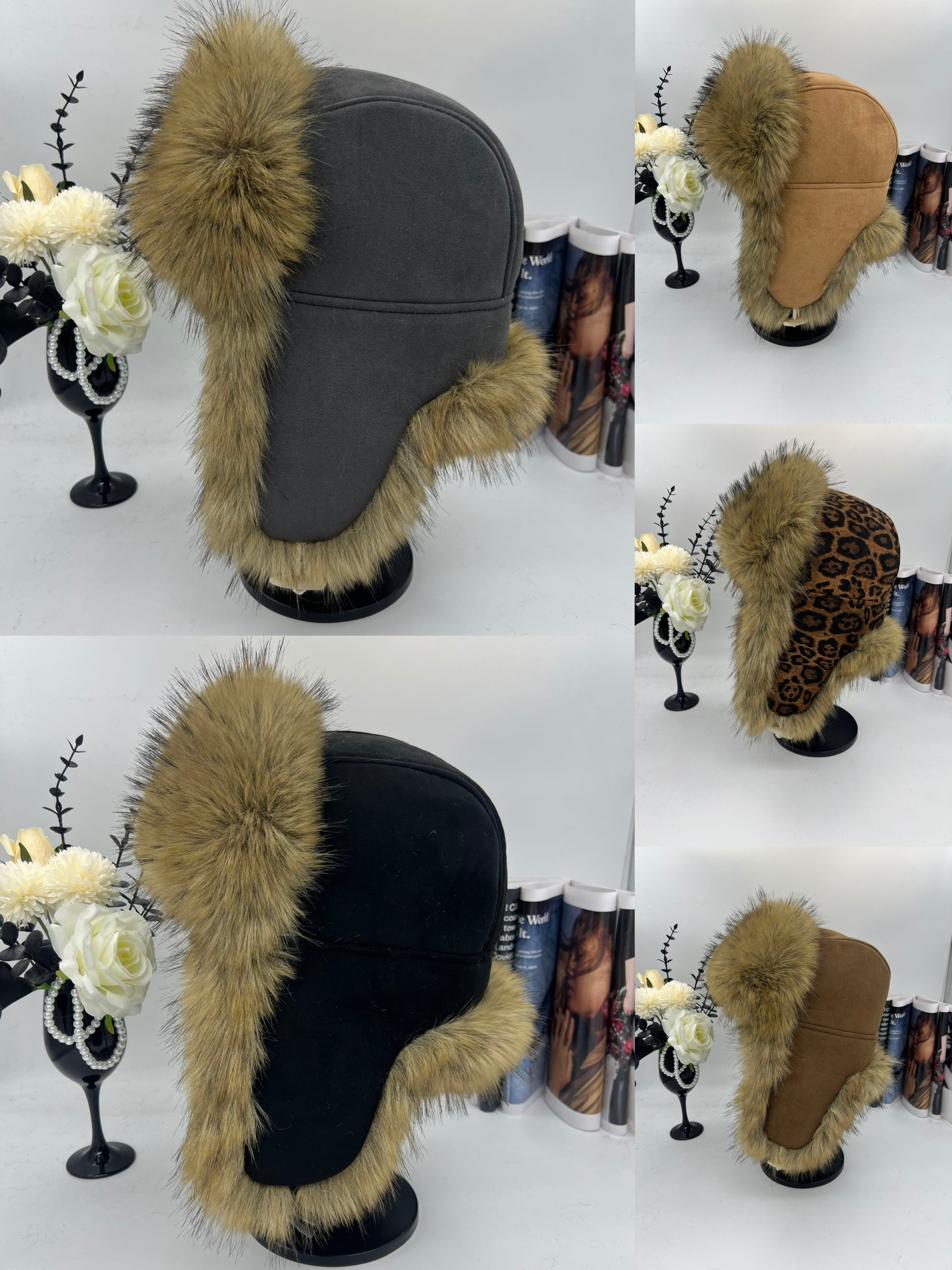 豹纹毛绒绒骑行护耳帽女秋冬加厚保暖户外飞行帽潮流时尚