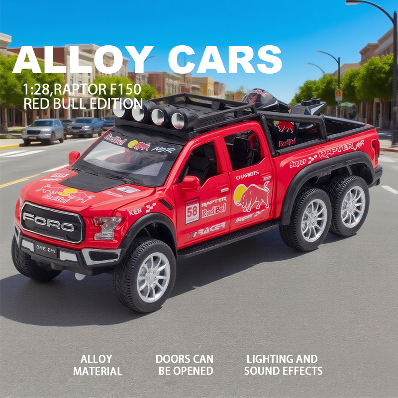 1:28福特猛禽F150 6*6 红牛版仿真合金车模汽车模型金属玩具摆件
