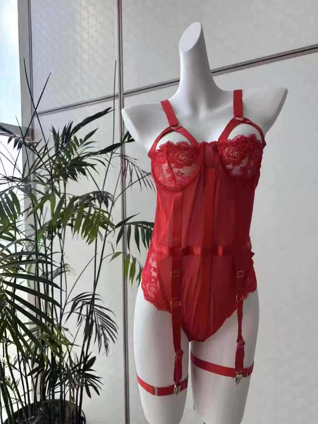 Clearance sale: New lace lace and steel ring jumpsuit for European and American foreign trade, sex underwear, sexy transparent bra set details Picture