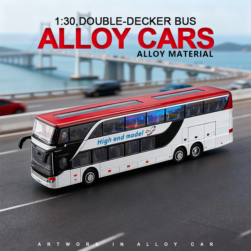 1:30 Business long-distance double-decker bus alloy model, Rebound sound and light effect, trendy art, desktop collectible