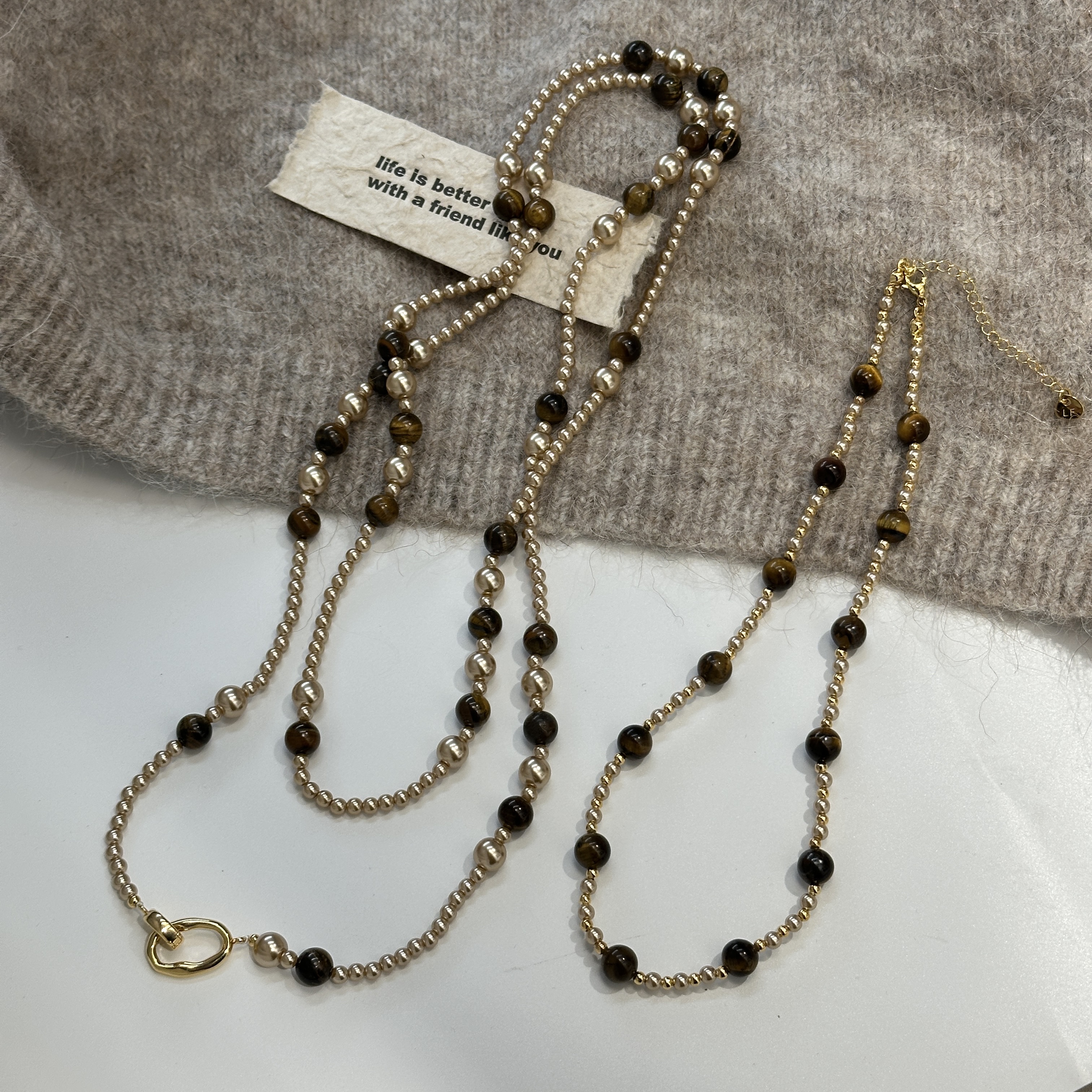 Tiger's eye stone extended sweater chain Pearl necklace tassel necklace natural, niche, high-end, exquisite, fashionable and versatile collarbone chain for women details Picture