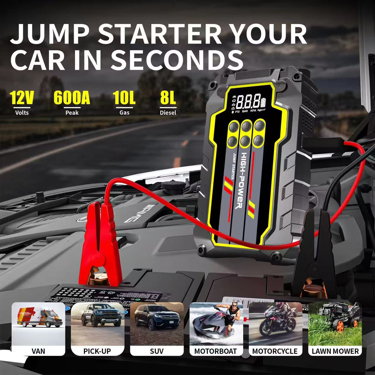 Car emergency start power supply, 12V vehicle-mounted 12000MA air pump, multi-functional mobile phone charging lighting pic 3