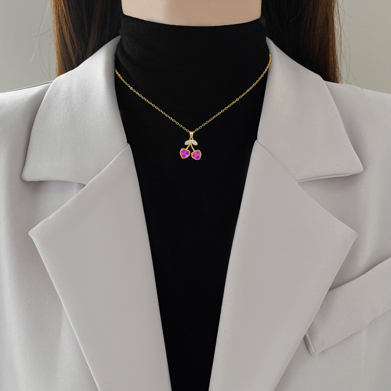 【 Titanium Steel 】 Necklace and earring set, light luxury, full diamond, dazzling stone, cherry, personalized and elegant banquet earrings and necklaces Specification image