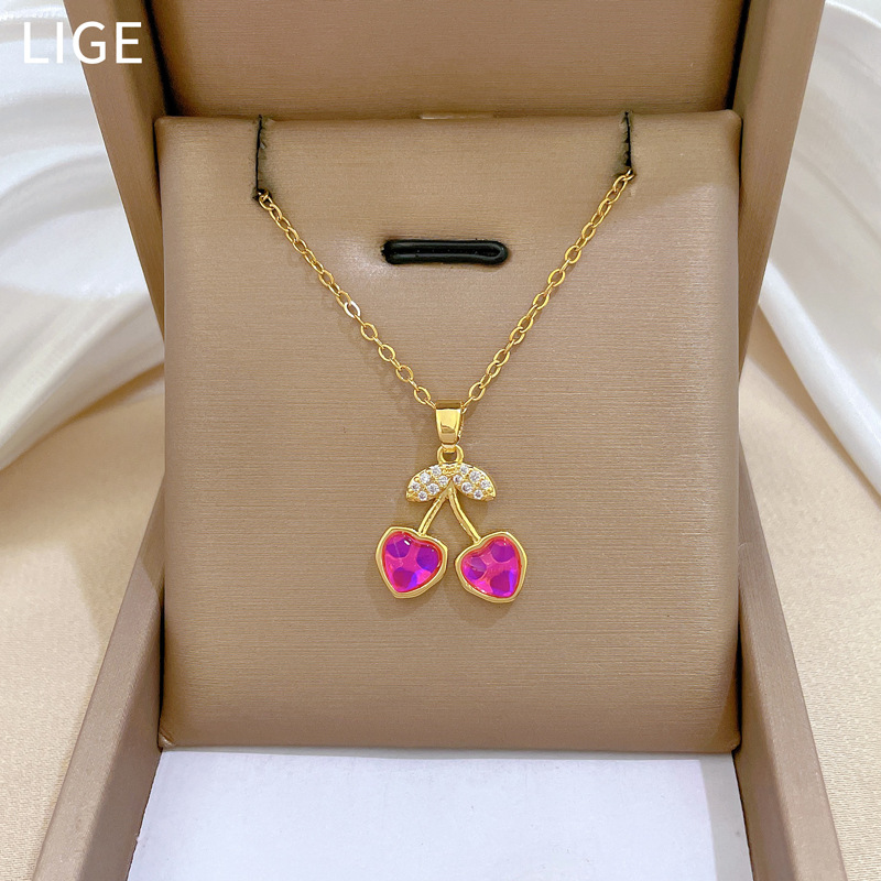 【 Titanium Steel 】 Necklace and earring set, light luxury, full diamond, dazzling stone, cherry, personalized and elegant banquet earrings and necklaces