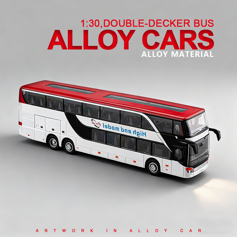 1:30 Business long-distance double-decker bus alloy model, Rebound sound and light effect, trendy art, desktop collectible Item Picture