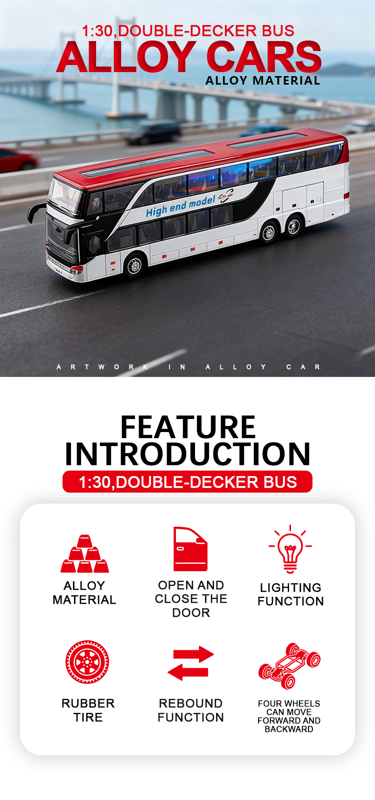 1:30 Business long-distance double-decker bus alloy model, Rebound sound and light effect, trendy art, desktop collectible pic 1