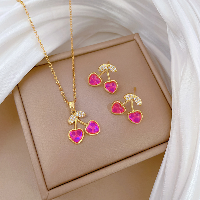 【 Titanium Steel 】 Necklace and earring set, light luxury, full diamond, dazzling stone, cherry, personalized and elegant banquet earrings and necklaces details Picture