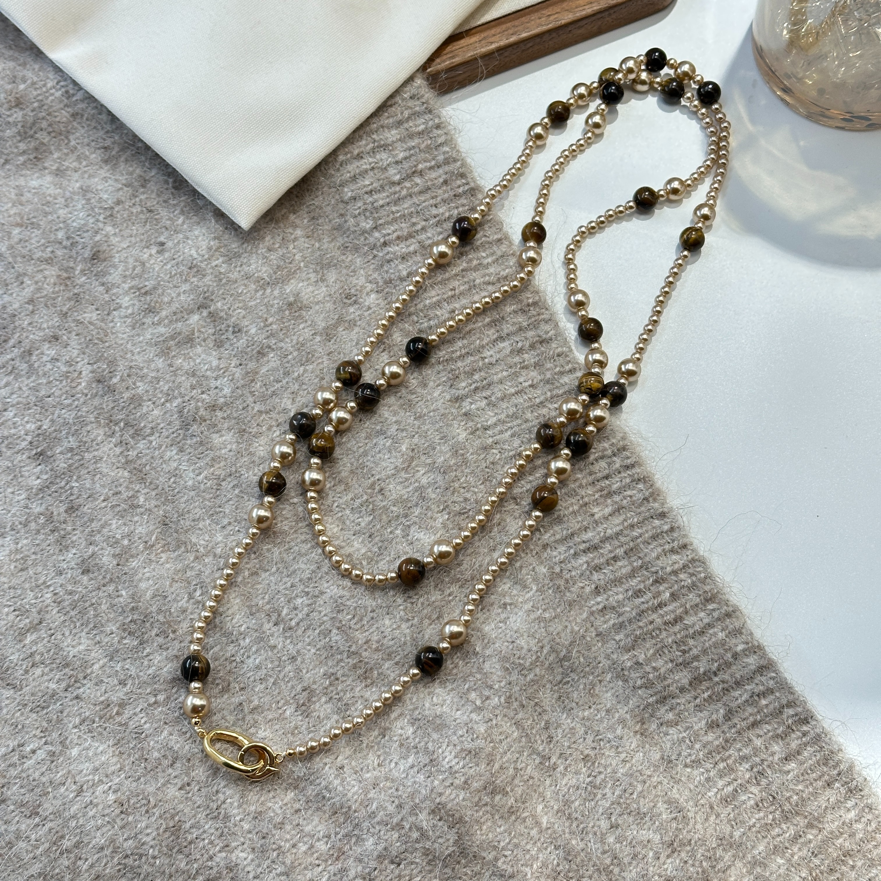 Tiger's eye stone extended sweater chain Pearl necklace tassel necklace natural, niche, high-end, exquisite, fashionable and versatile collarbone chain for women Specification image