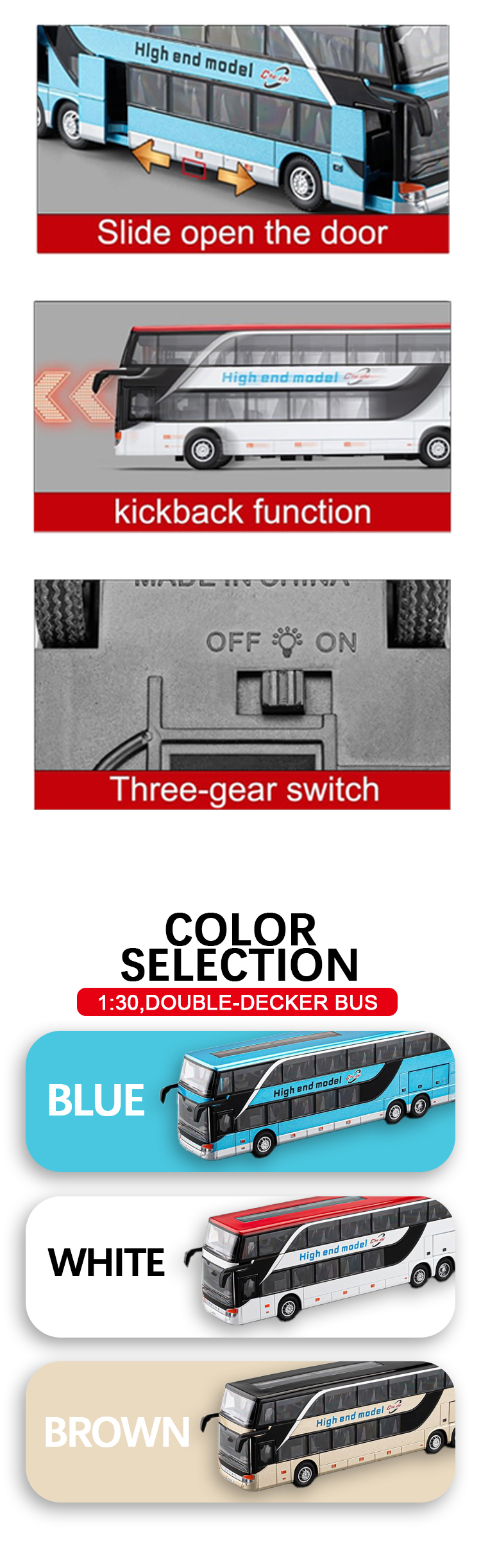 1:30 Business long-distance double-decker bus alloy model, Rebound sound and light effect, trendy art, desktop collectible pic 3