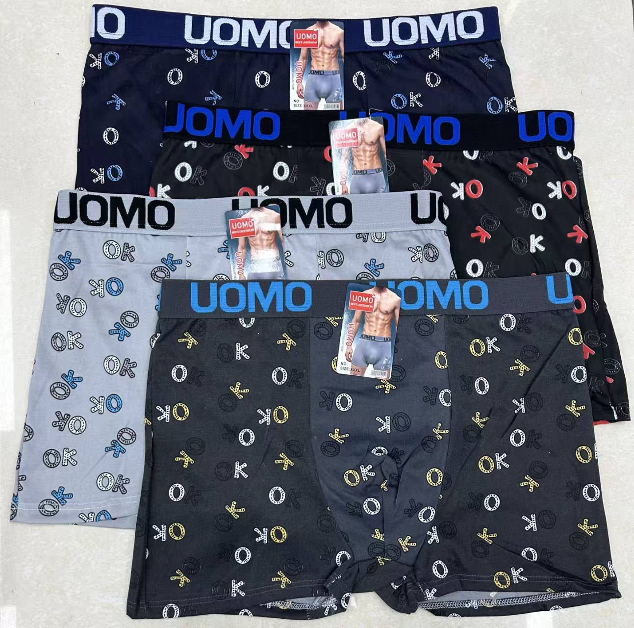 Men's underwear in stock for export to Europe, America and Africa, printed underwear, letter-color contrasting waistband men's briefs Specification drawing