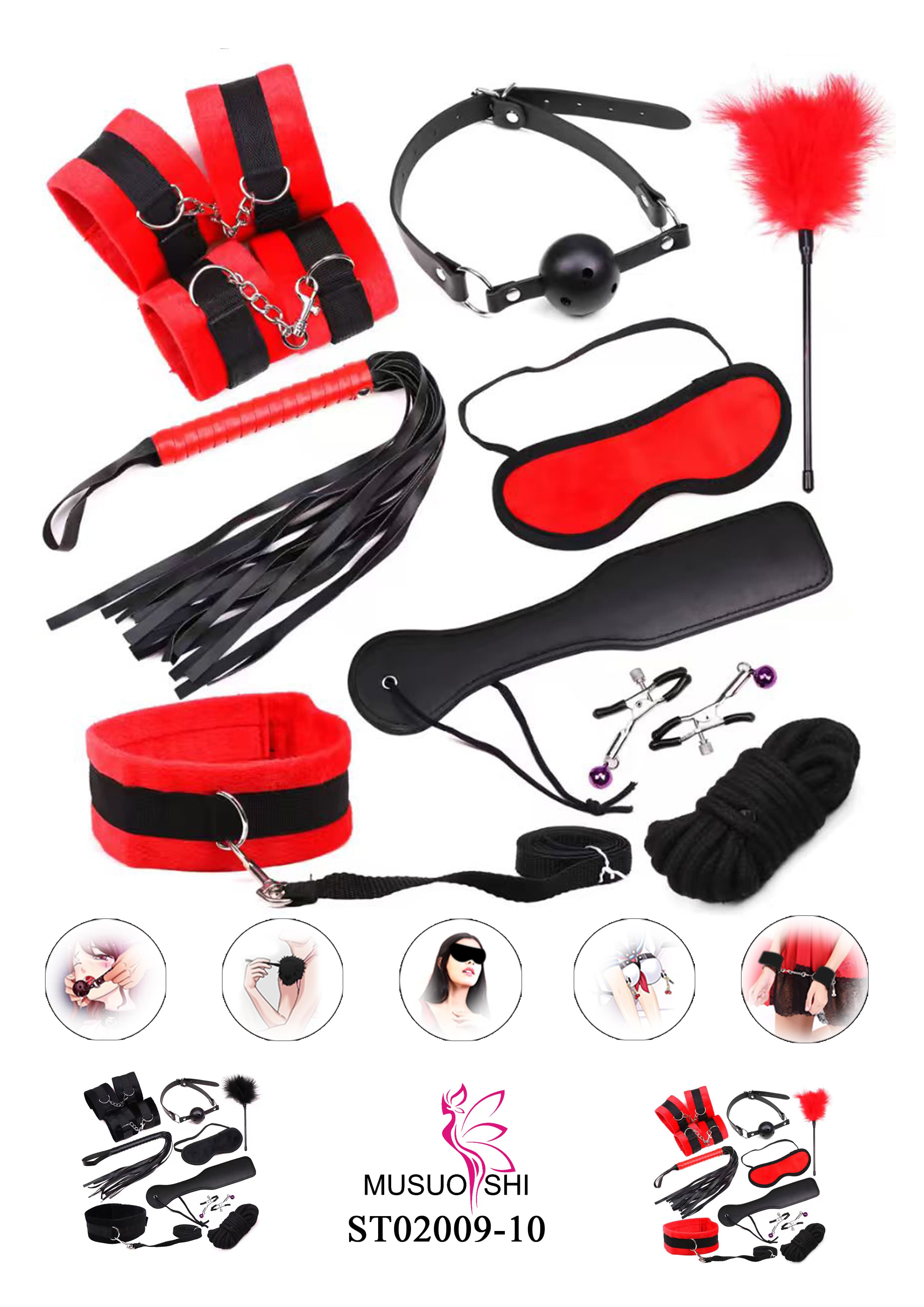 ST02009-10  hot selling Adult Game SM Bondage 10 Pcs Kit Restraint Strap Handcuffs Blindfold Whip Collar Erotic Couples Bondage Set for Couples Sex Toys  details Picture