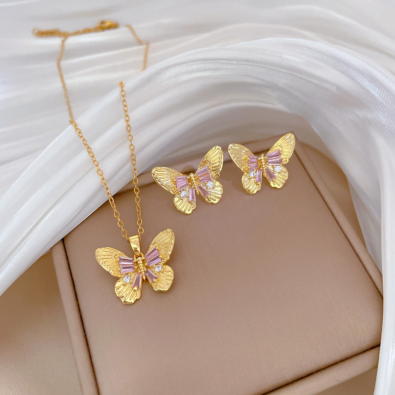 【 Titanium Steel 】 Necklace and earring set, light luxury laser bow with full diamonds, personalized and elegant banquet earrings and necklaces