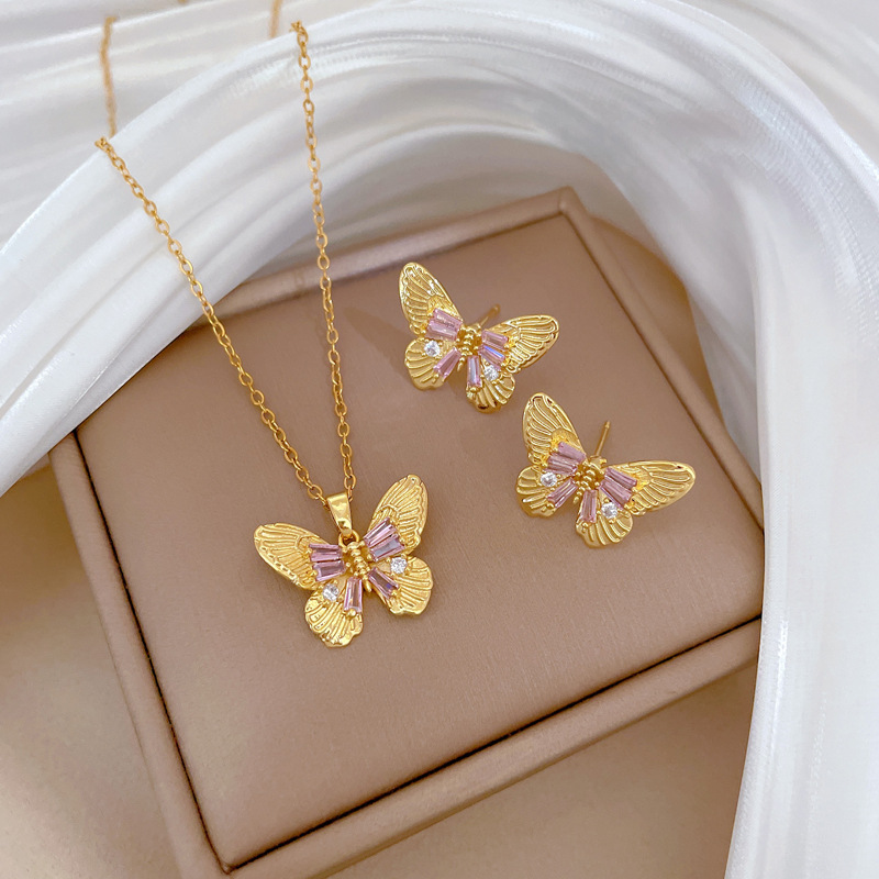 【 Titanium Steel 】 Necklace and earring set, light luxury laser bow with full diamonds, personalized and elegant banquet earrings and necklaces Specification image