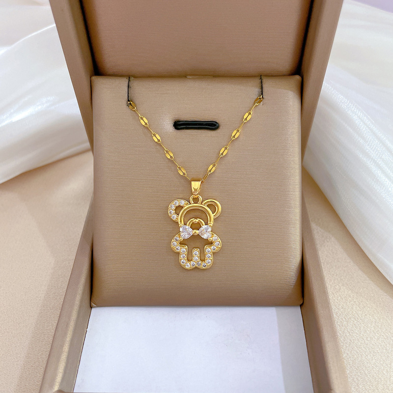 【钛钢】轻奢气质华丽满钻领结小熊项链女网红百搭锁骨链钛钢链条