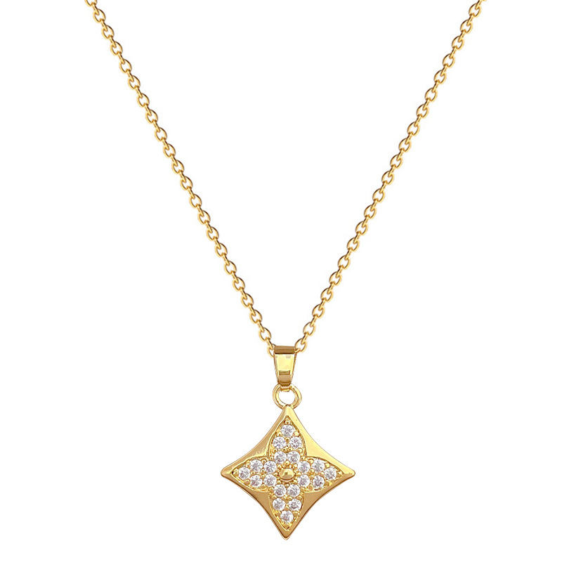 【 Titanium Steel 】 Necklace and earring set, light luxury diamond-shaped four-leaf flower full diamond, personalized and elegant banquet earrings and necklace set Item Picture