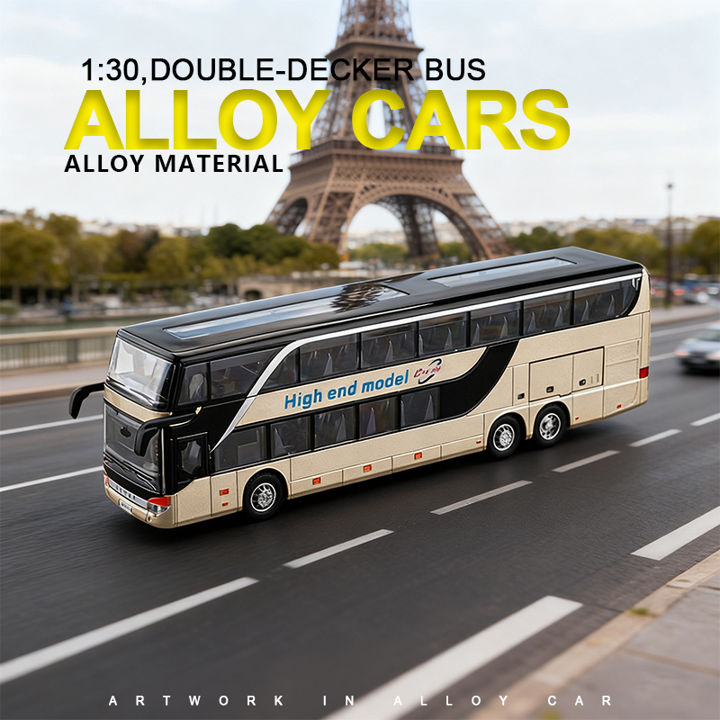 1:30 Business long-distance double-decker bus alloy model, Rebound sound and light effect, trendy art, desktop collectible Specification image