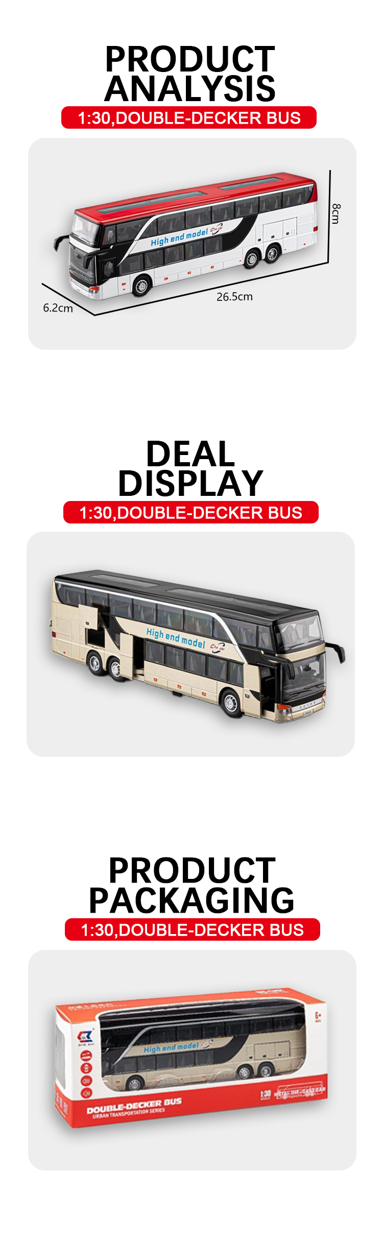 1:30 Business long-distance double-decker bus alloy model, Rebound sound and light effect, trendy art, desktop collectible pic 4