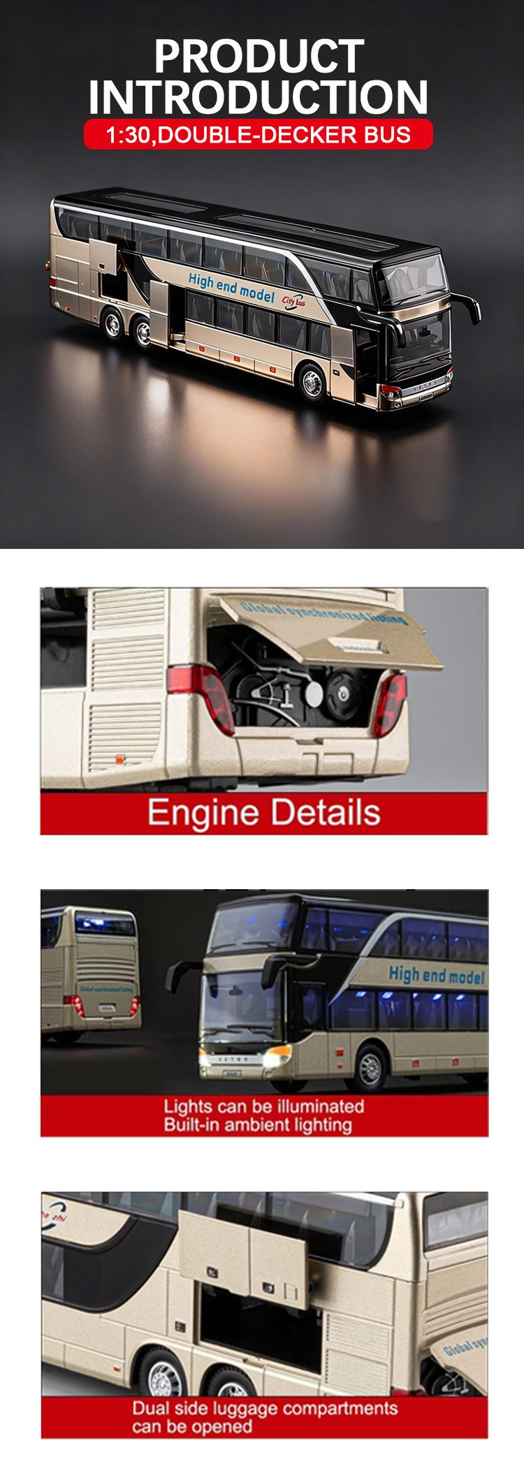 1:30 Business long-distance double-decker bus alloy model, Rebound sound and light effect, trendy art, desktop collectible pic 2