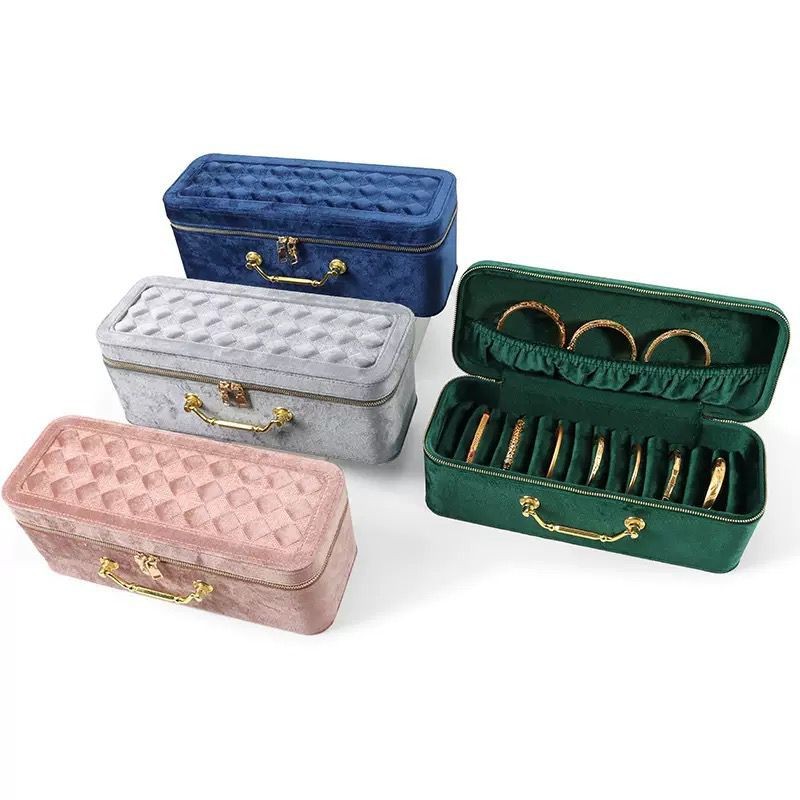 新款15位翡翠玉器绒布手镯收纳盒大容量家用便携手提箱手镯箱批发