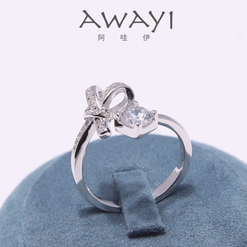 AWAYI纯银s925钻石蝴蝶结戒指开口可调节