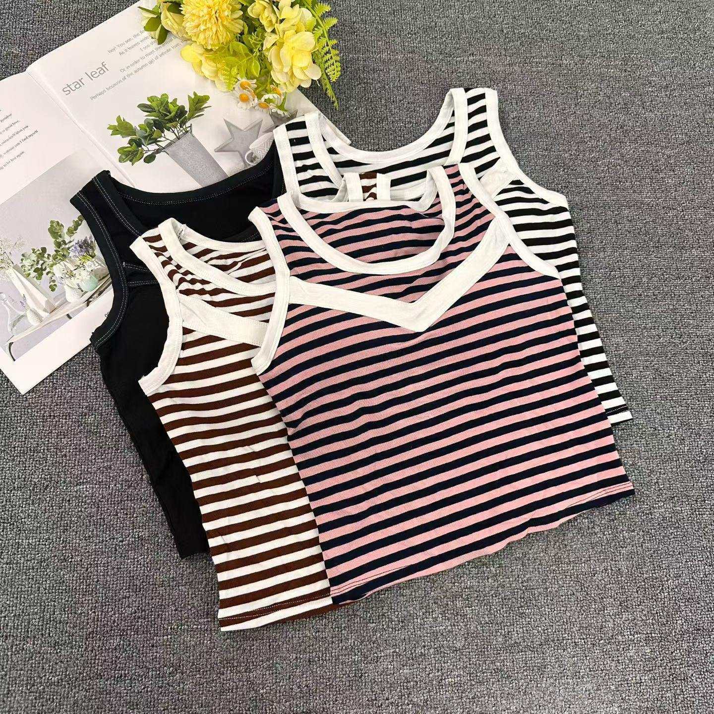 Foreign trade maintenance inventory hot girl vest, comfortable color-blocked striped I-shaped vest with chest pad, versatile sporty and beautiful back base layer, sleeveless top for outerwear full figure