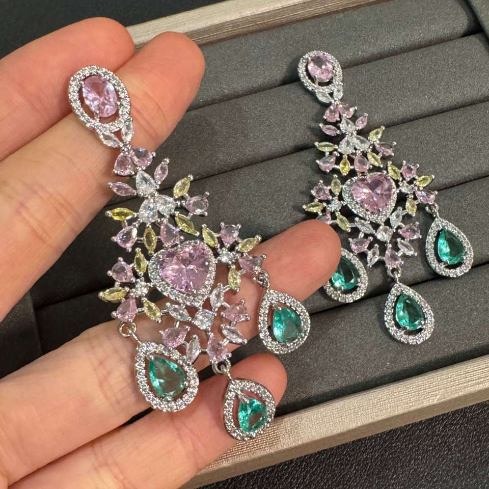 Fashionable, light luxury, grand and dynamic, slightly inlaid light luxury zircon color layering design sense zircon earrings detail image 3