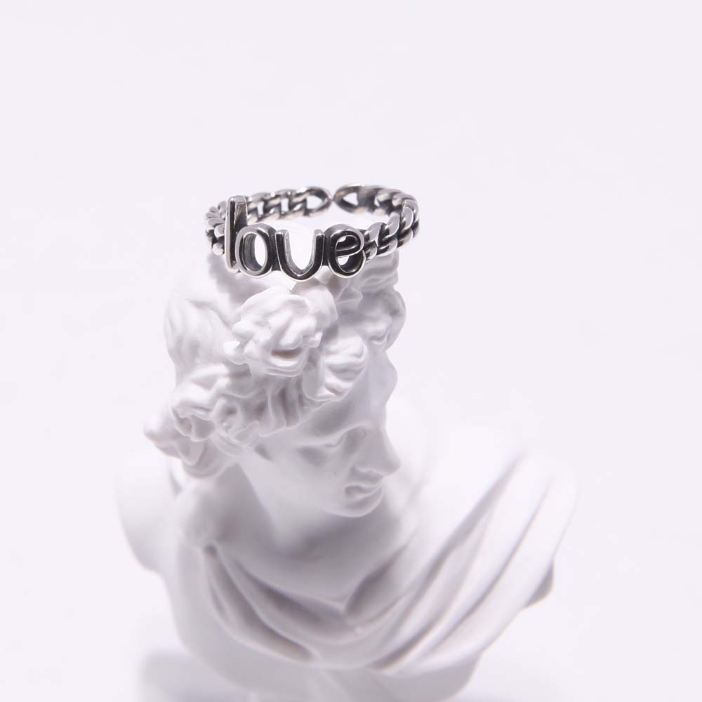 AWAYI纯银s925线圈love戒指复古做旧开口可调节