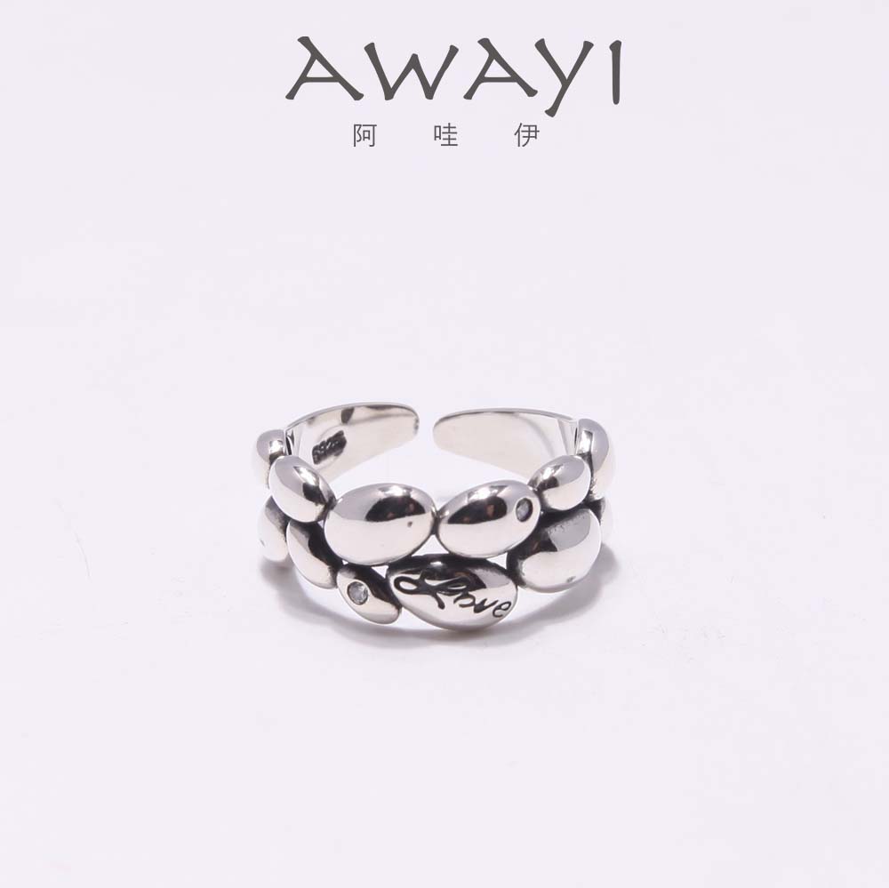 AWAYI纯银s925液态金属水滴戒指镶钻复古做旧开口可调节