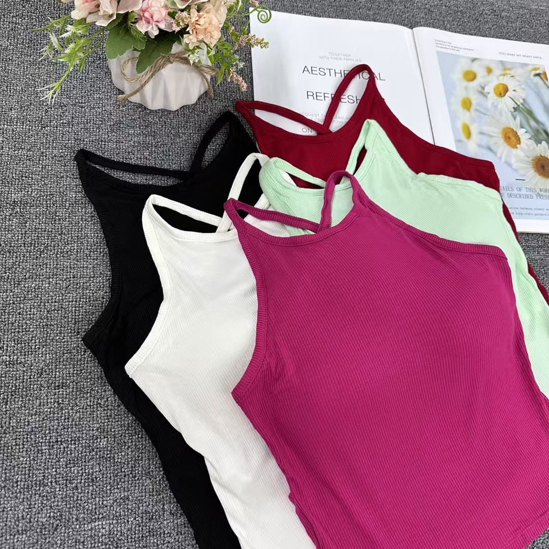 外贸出口欧美非洲现货库存螺纹棉吊带背心带胸垫一体化美背吊带性感小心机露背设计上衣