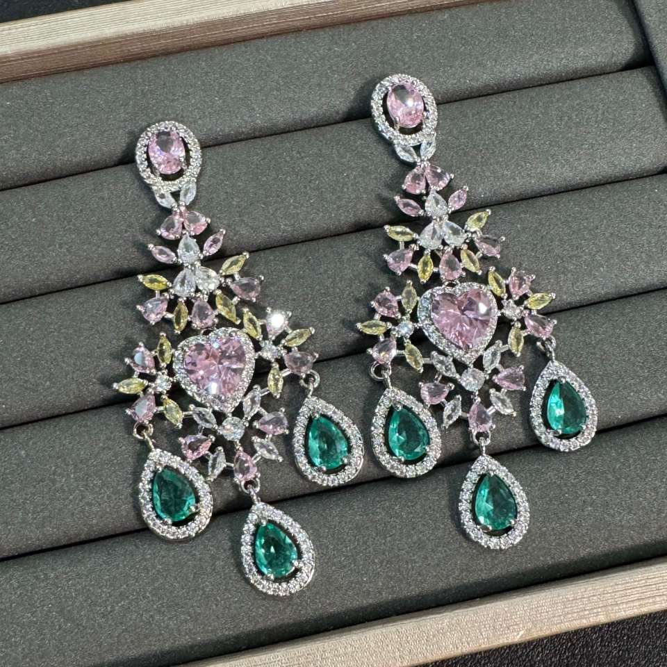 Fashionable, light luxury, grand and dynamic, slightly inlaid light luxury zircon color layering design sense zircon earrings details Picture