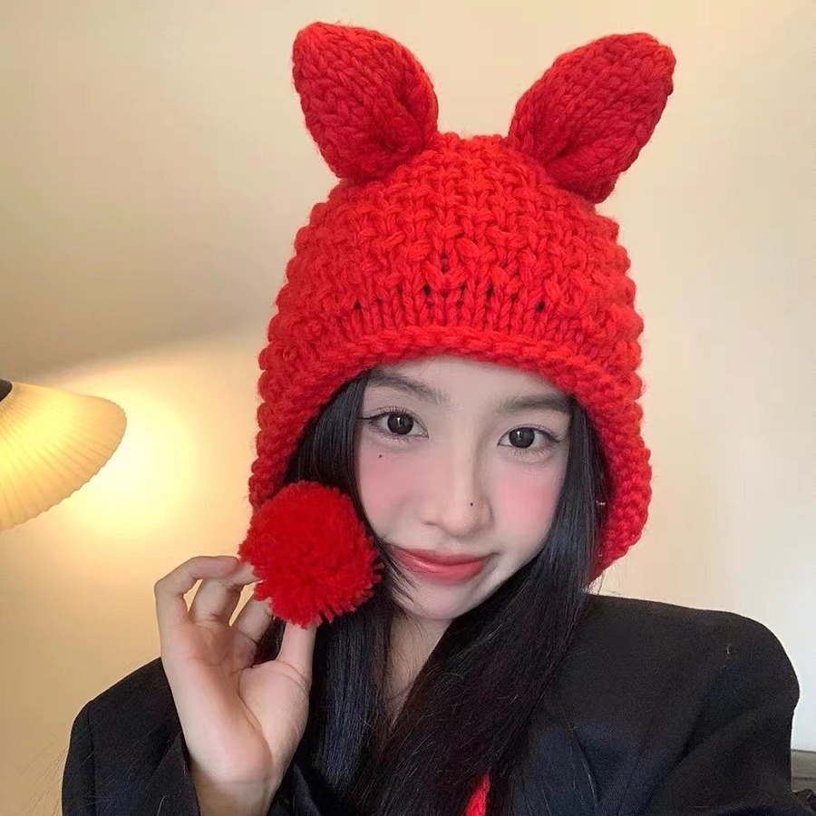 秋冬可爱兔耳朵毛球套头帽韩版保暖针织帽大头围显脸小毛线帽女 