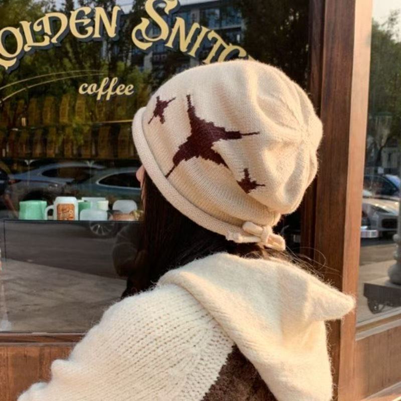 New autumn and winter style headwear, drawstring knitted pile hat, women's woolen hat, warm and face-enhancing small ear-protecting headscarf, cold hat Application Scenario