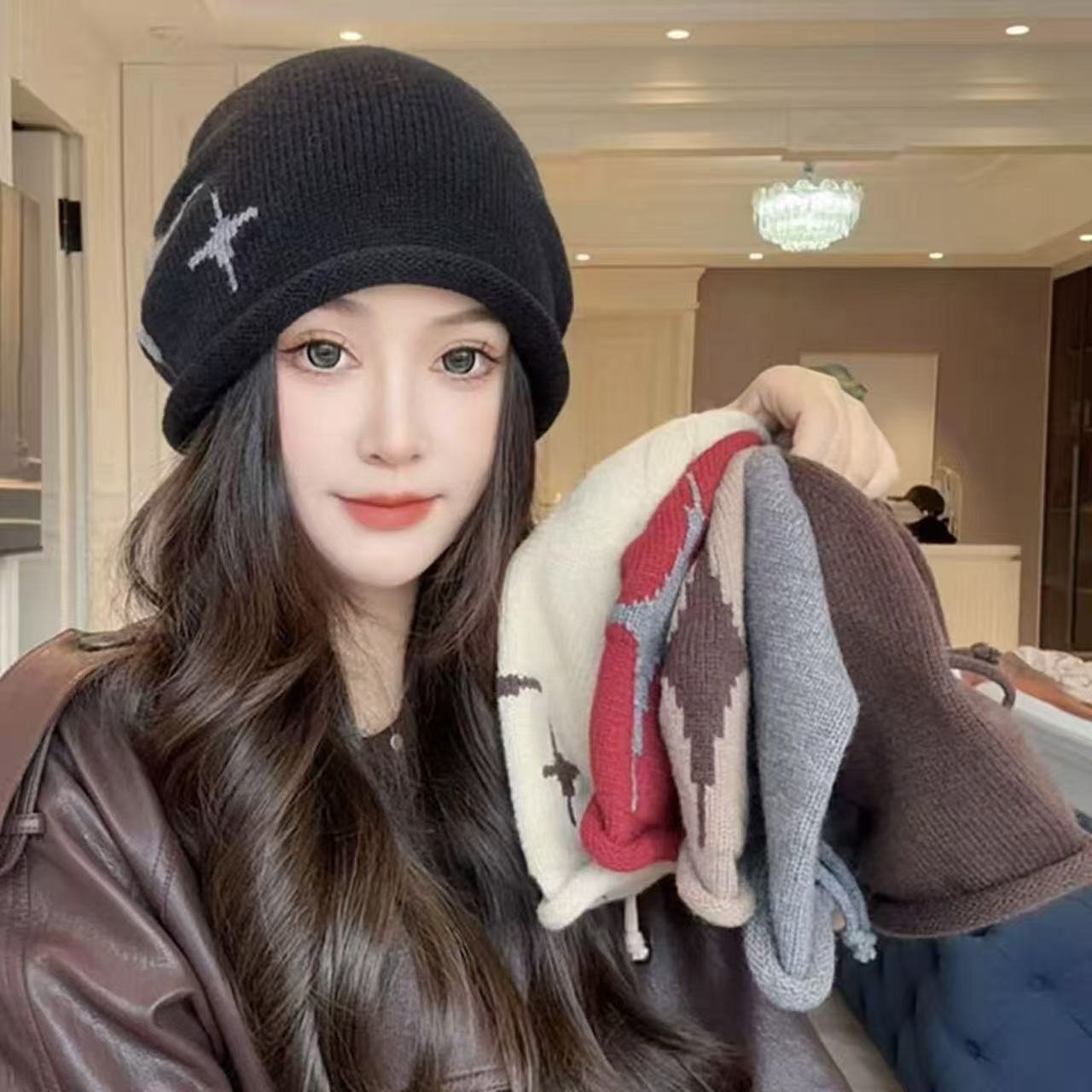 New autumn and winter style headwear, drawstring knitted pile hat, women's woolen hat, warm and face-enhancing small ear-protecting headscarf, cold hat Specification image