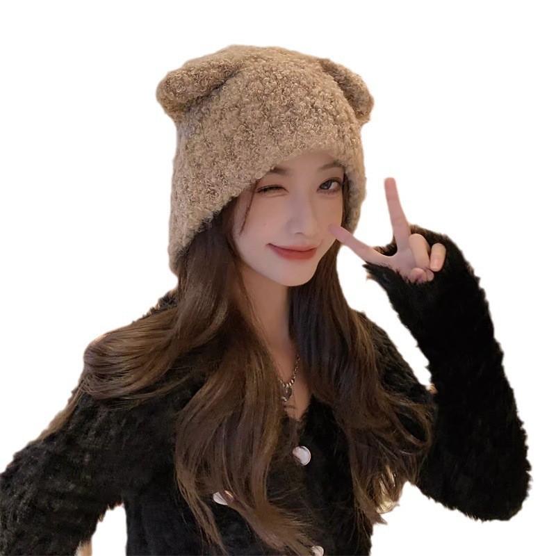 New autumn and winter styles of drawstring knitted pile hats, women's woolen hats, warm and face-enhancing small ear-protecting headscarves, cold hats Specification image